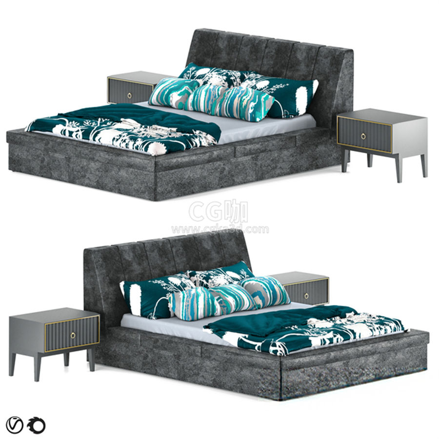 CG咖-床模型枕头模型床头柜模型
