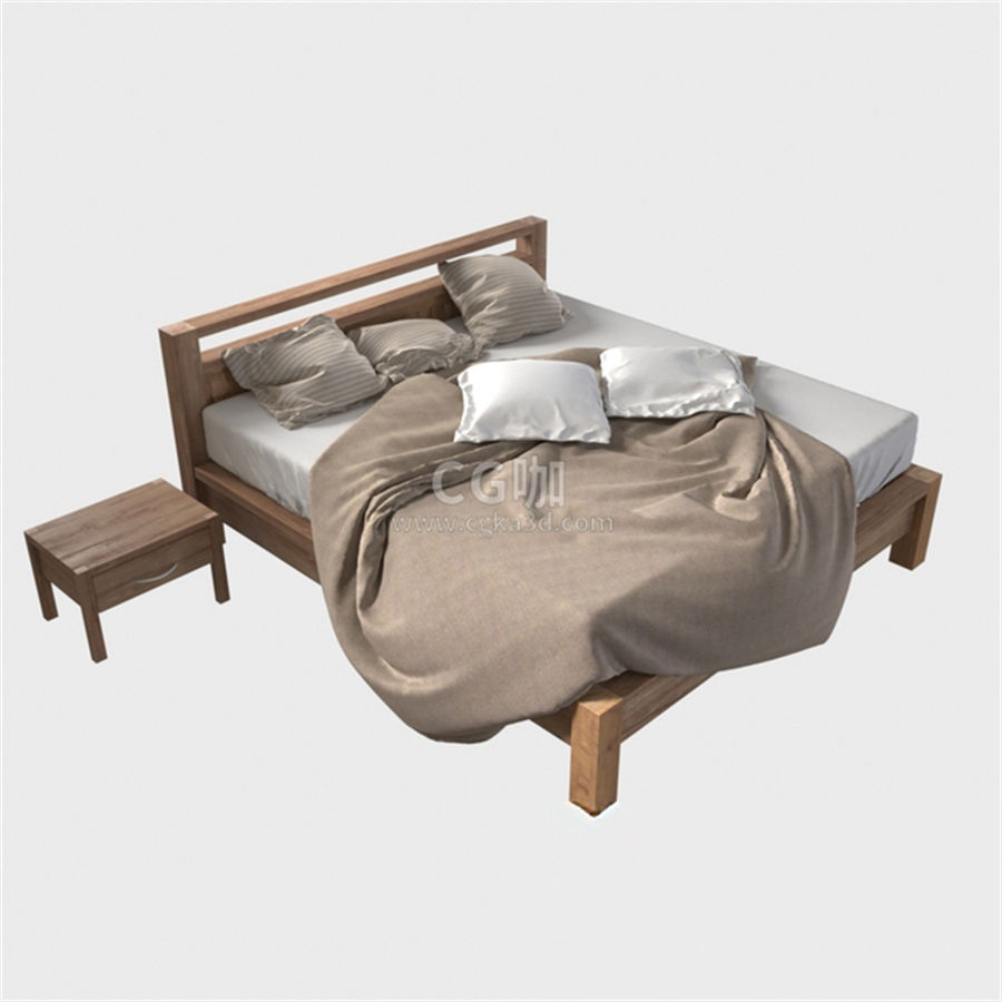 CG咖-实木床模型枕头模型被子模型