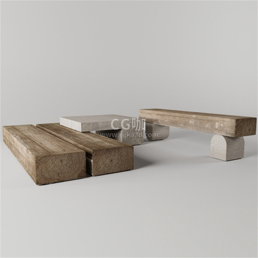 CG咖-木凳模型长凳模型创意凳桌组合模型石桌模型