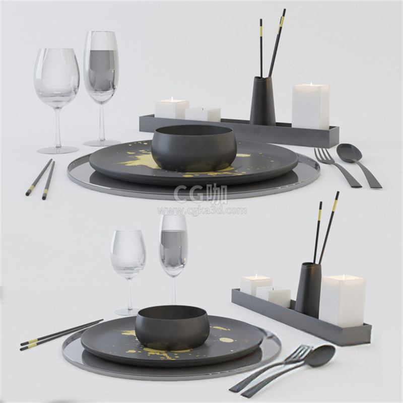 CG咖-餐具模型刀叉模型高脚杯模型红酒杯模型碗模型筷子模型蜡烛模型