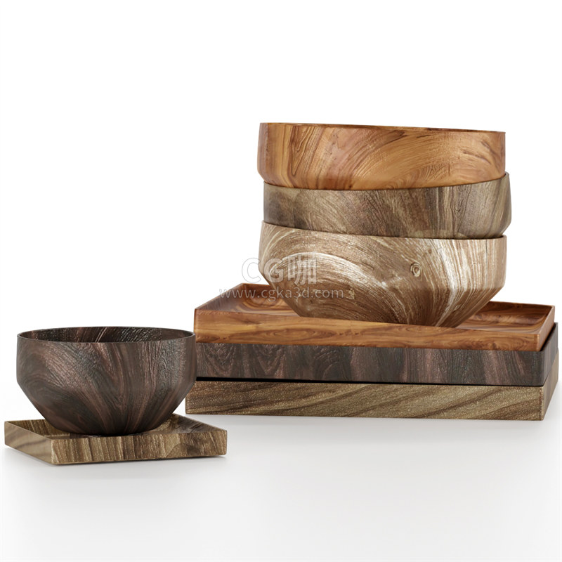 CG咖-木托盘模型木碗模型木杯子模型木餐盘模型