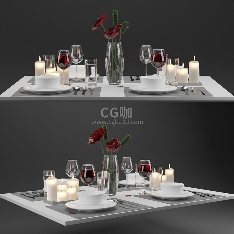 CG咖-高脚杯模型红酒杯模型蜡烛模型花瓶模型假花模型碗模型刀叉模型