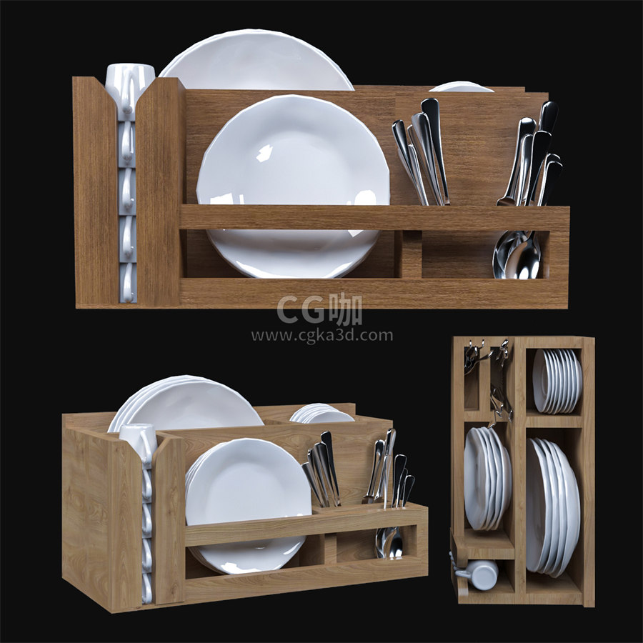 CG咖-勺子模型盘子模型碟子模型杯子模型茶杯模型碗碟置物架模型