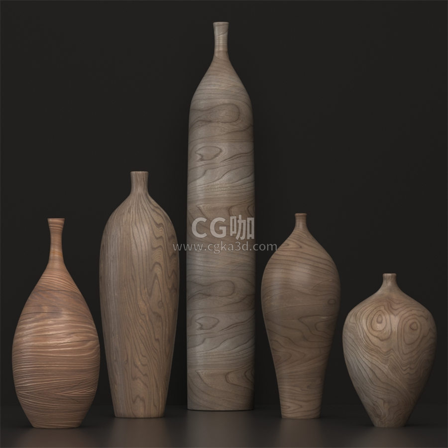 CG咖-高脚花瓶模型木花瓶模型木制花瓶套装模型