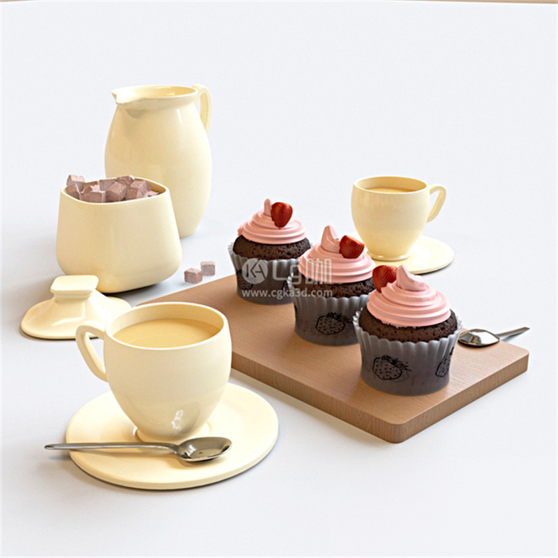 CG咖-草莓蛋糕模型咖啡杯模型砧板模型