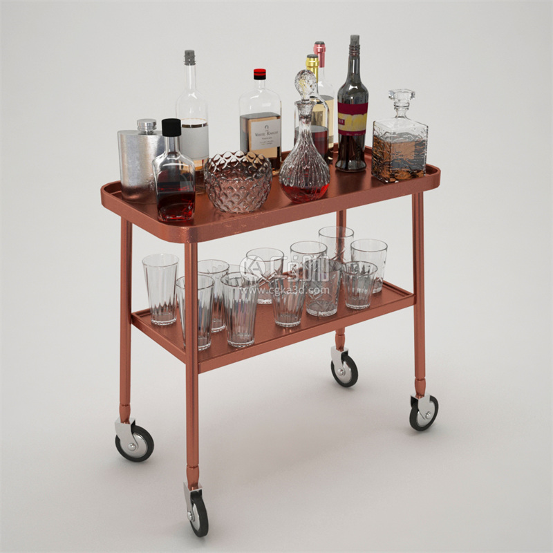 CG咖-酒模型玻璃杯模型手推送餐车模型醒酒器模型酒瓶模型