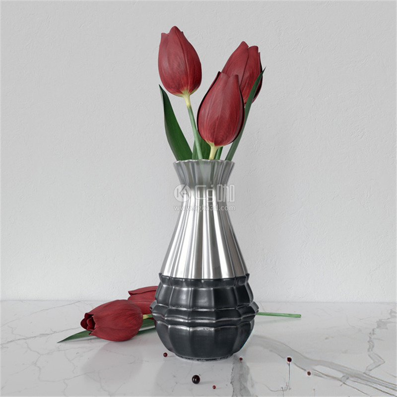 CG咖-红色郁金香模型鲜花模型花卉模型花瓶模型