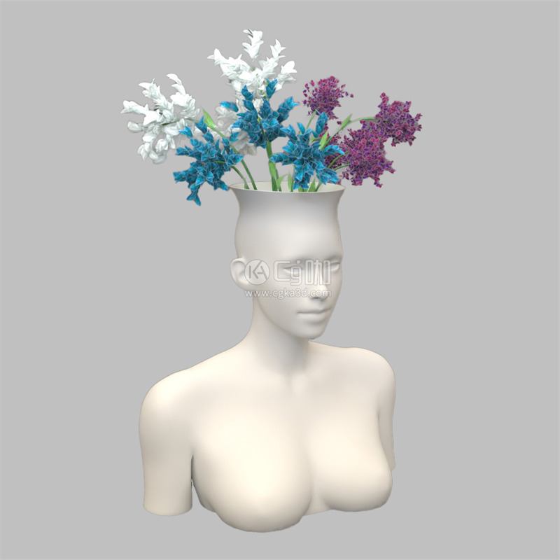 CG咖-女人花瓶模型艺术花瓶模型鲜花模型花卉模型蓝色花模型