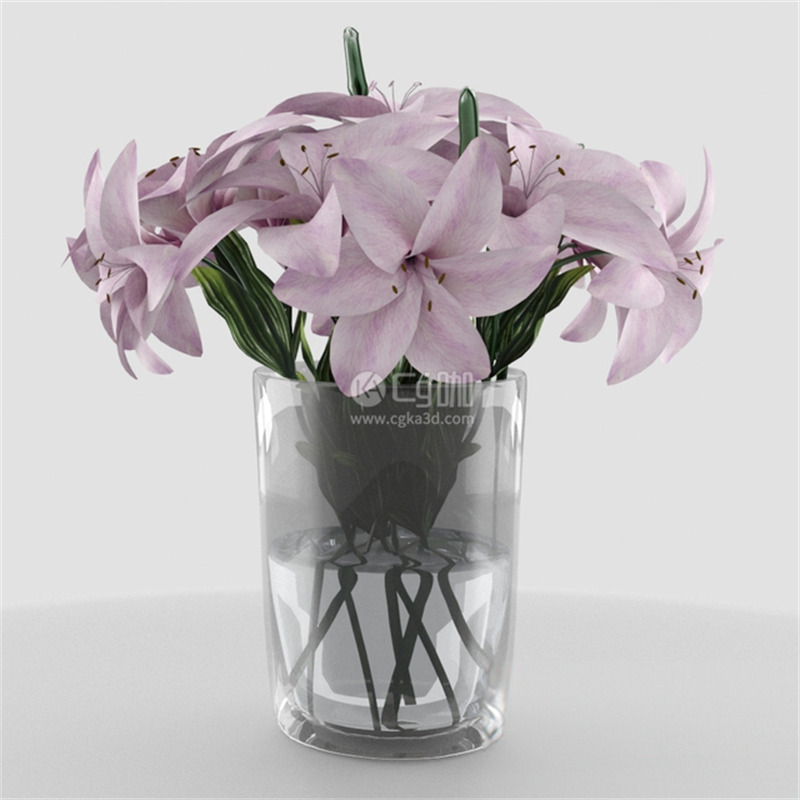CG咖-粉色百合花模型鲜花模型花卉模型玻璃花盆模型