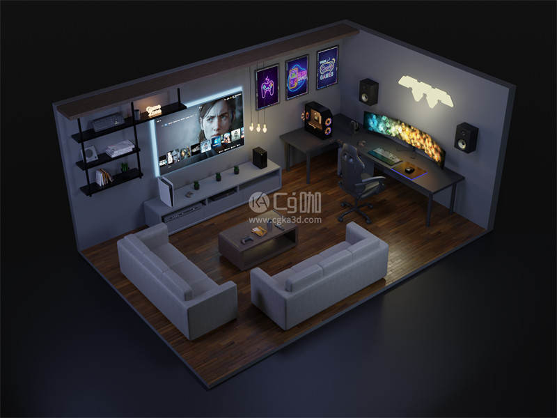 Blender工程-客厅模型游戏厅模型游戏室模型房间模型沙发模型电视模型