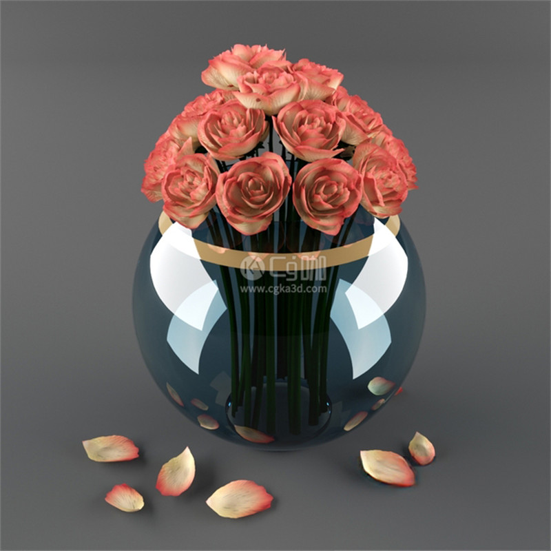 CG咖-玫瑰花模型花瓶模型鲜花模型