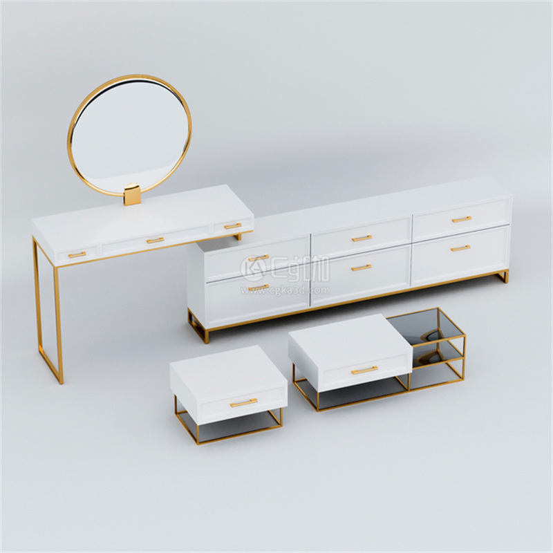 CG咖-白色梳妆台模型带镜子梳妆台模型床头柜模型