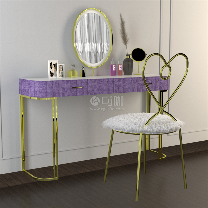 CG咖-梳妆台模型椅子模型相框模型装饰瓶子模型镜子模型
