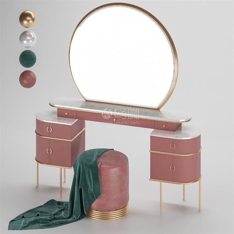 CG咖-带镜子的梳妆台模型凳子模型