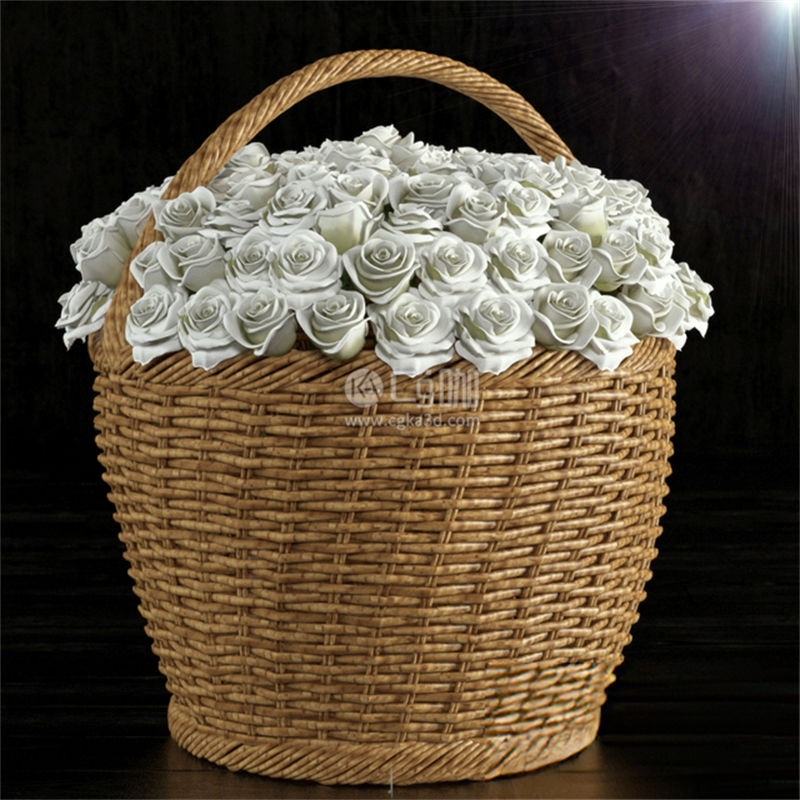 CG咖-玫瑰花模型白玫瑰模型鲜花模型花卉模型花篮模型编织篮模型