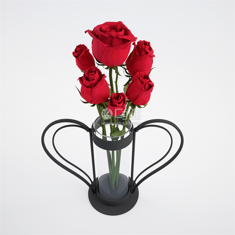 CG咖-红玫瑰模型玫瑰花模型花瓶模型鲜花模型花卉模型