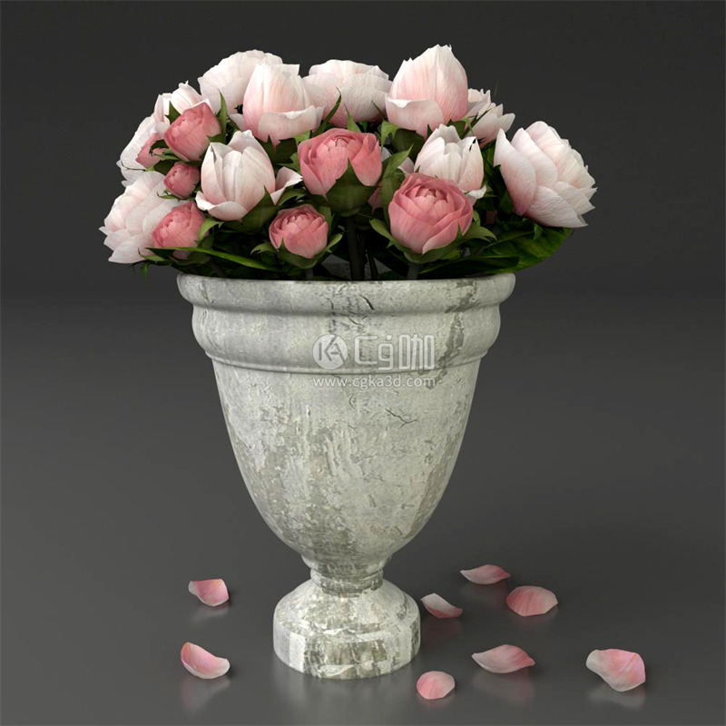 CG咖-玫瑰花模型水泥花盆模型鲜花模型花卉模型