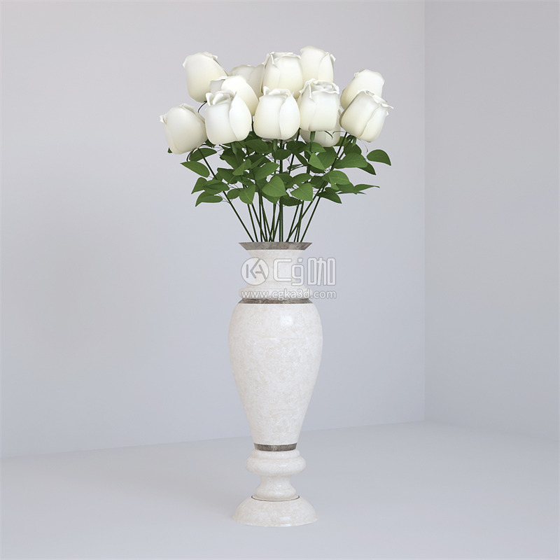 CG咖-白玫瑰模型玫瑰花模型鲜花模型花卉模型花瓶模型