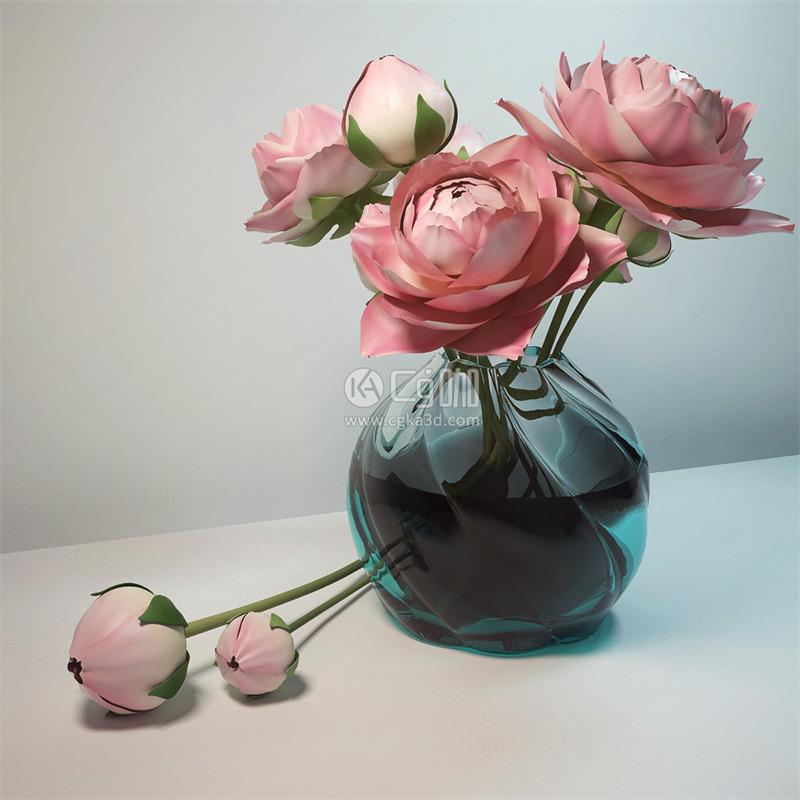CG咖-粉色牡丹花模型鲜花模型花卉模型花瓶模型