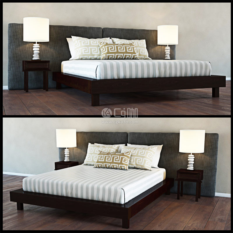 CG咖-双人床模型枕头模型床头灯模型家具模型