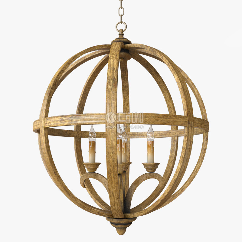 CG咖-球形吊灯模型木质吊灯模型蜡烛吊灯模型灯具模型