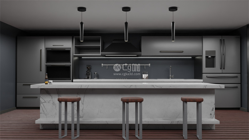 Blender工程-开放式厨房模型橱柜模型吧台模型凳子模型咖啡机模型