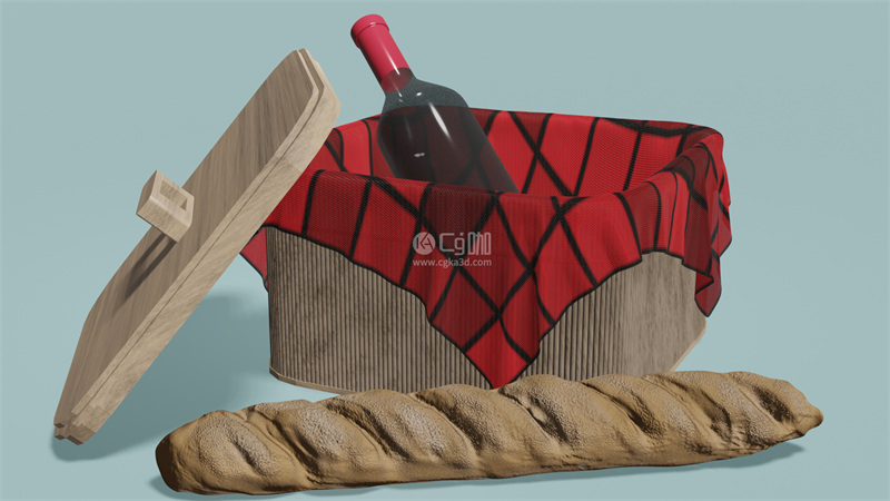 Blender工程-红酒瓶模型篮子模型面包模型