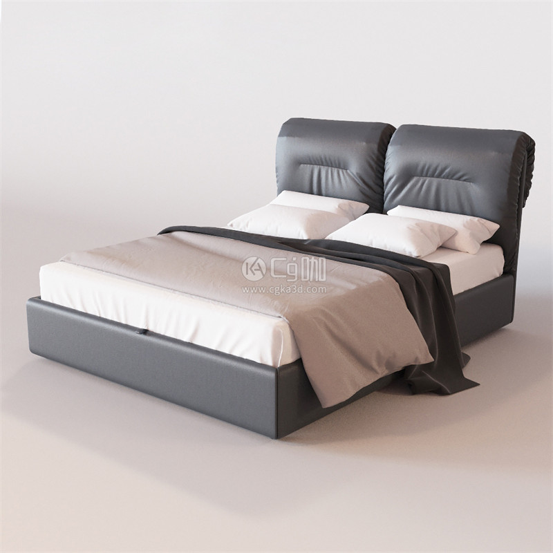 CG咖-双人床模型枕头模型被子模型皮质床模型