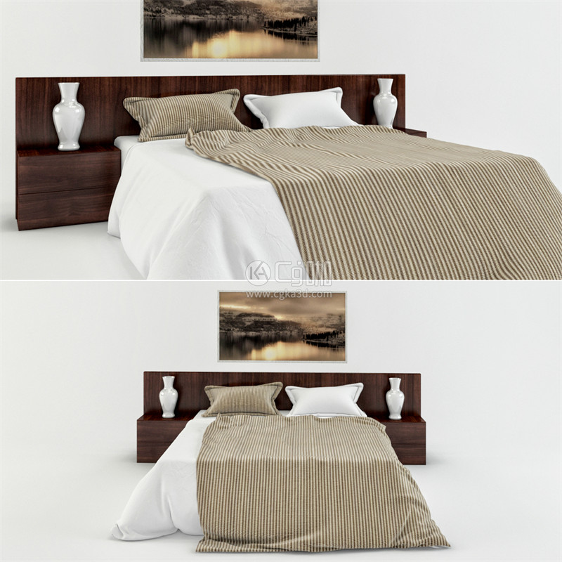 CG咖-双人床模型被子模型枕头模型花瓶模型床头柜模型