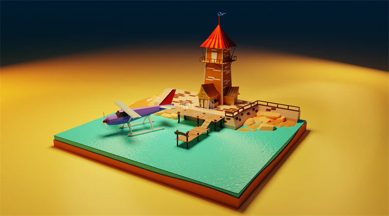 Blender工程-卡通场景工程卡通飞机模型卡通灯塔模型