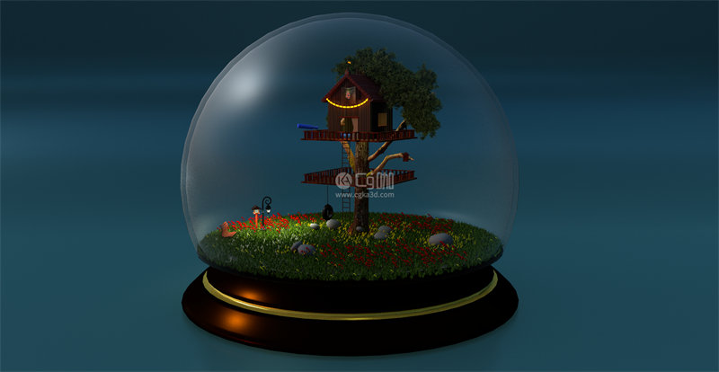 Blender工程-树屋摆件装饰模型场景工程玻璃球模型