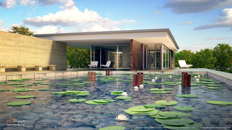 Blender工程-巴塞罗那馆工程巴塞罗那馆模型荷叶模型荷花模型池塘模型现代建筑模型