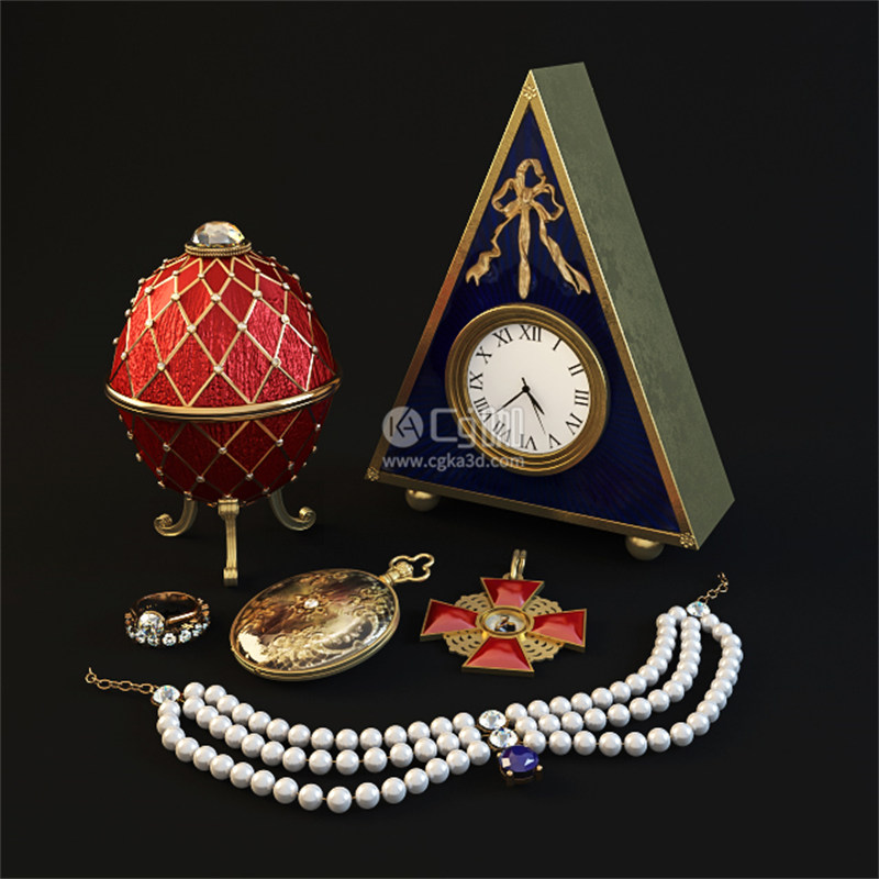 CG咖-装饰模型珍珠项链模型时钟摆件模型钟表模型