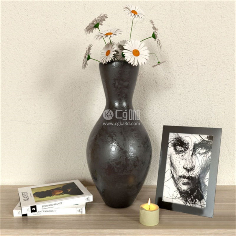 CG咖-小雏菊模型花瓶模型书本模型蜡烛模型相框模型