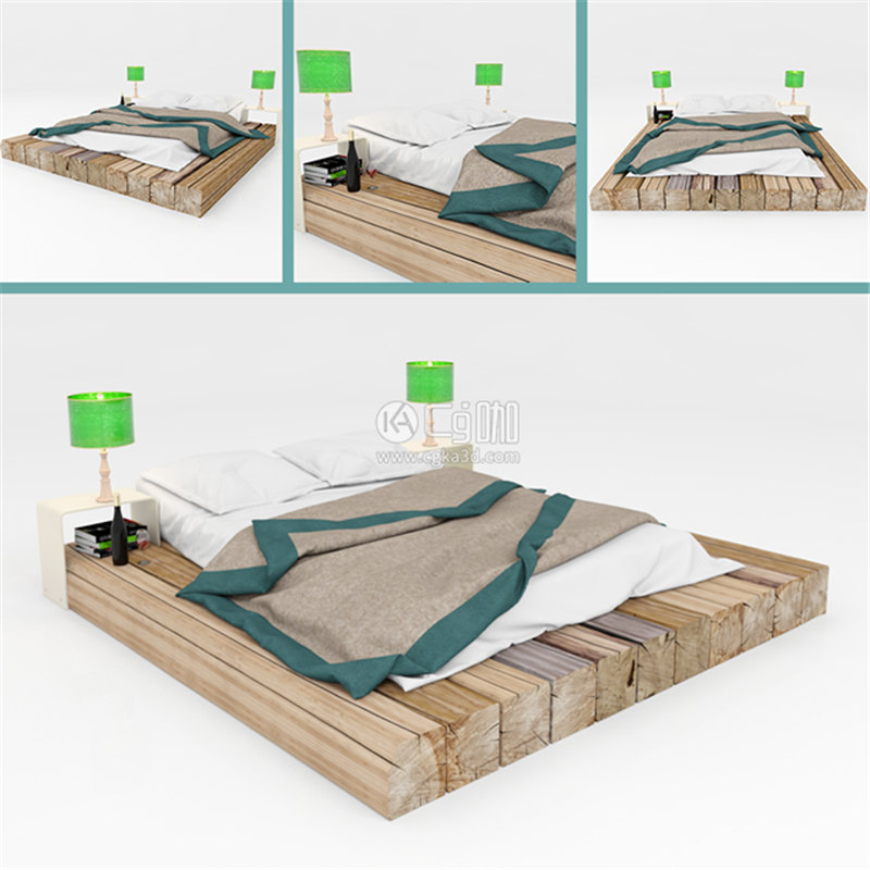 CG咖-床模型台灯模型被子模型双人床模型