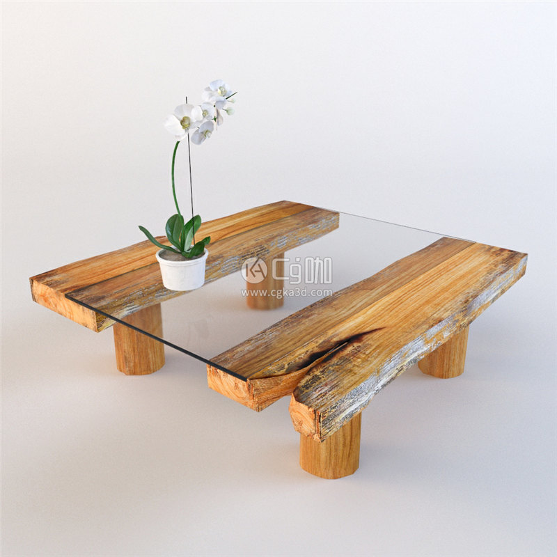 CG咖-桌子模型木桌模型盆栽模型鲜花模型