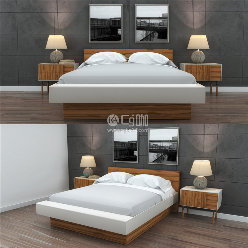 CG咖-双人床模型床头柜模型台灯模型