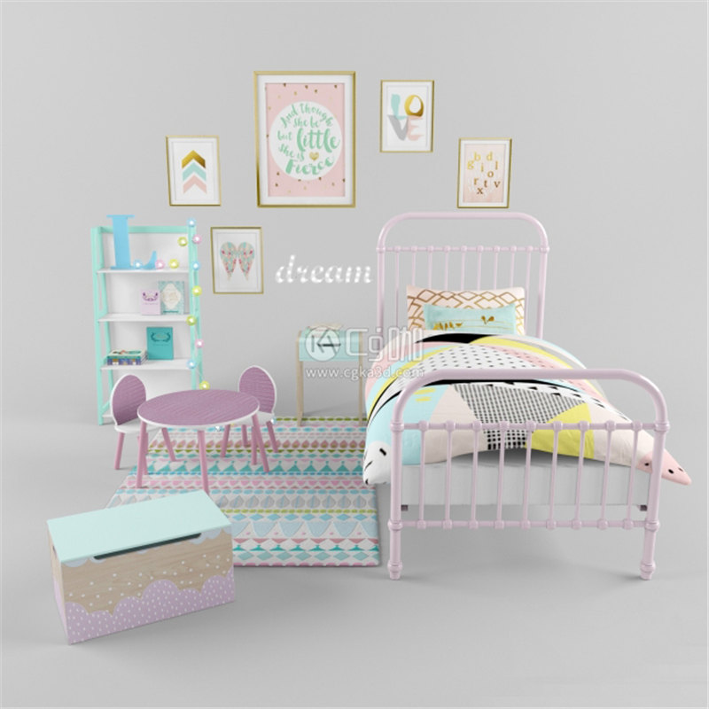 CG咖-单人床模型儿童床模型儿童桌椅模型