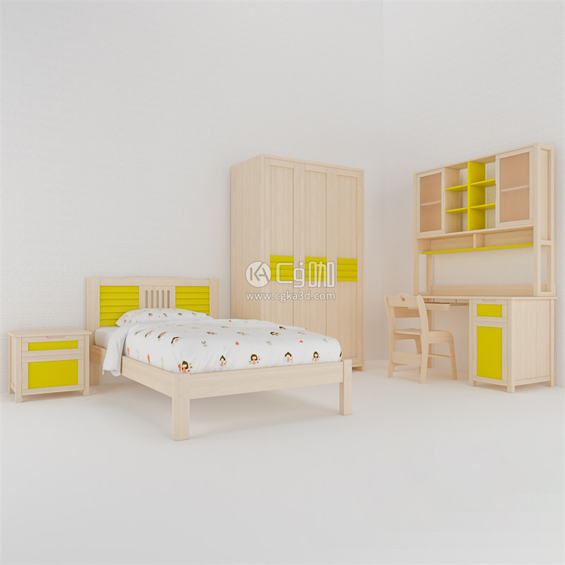 CG咖-卧室场景模型床模型桌子模型柜子模型