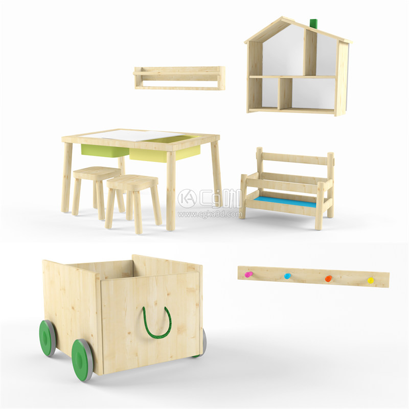 CG咖-木桌模型木凳模型儿童车模型