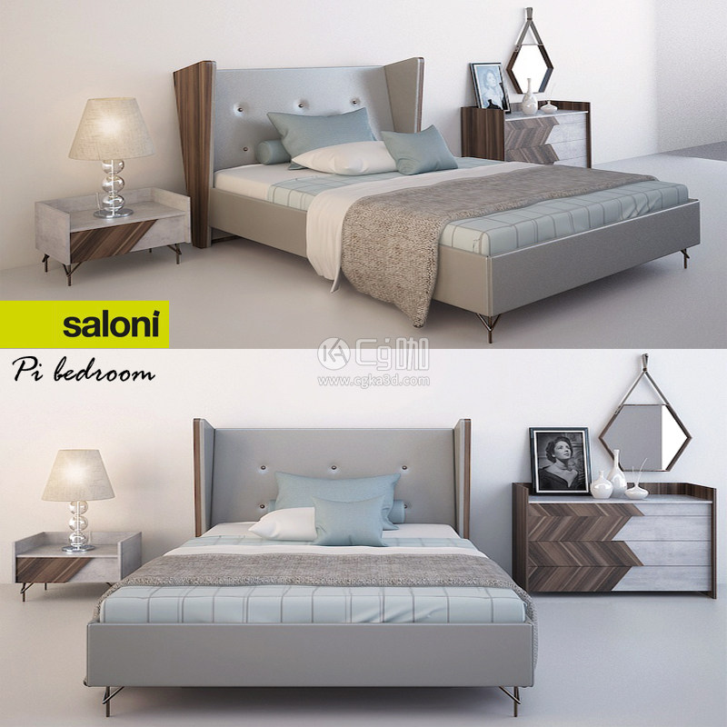 CG咖-双人床模型被子模型枕头模型床头灯柜模型卧室模型