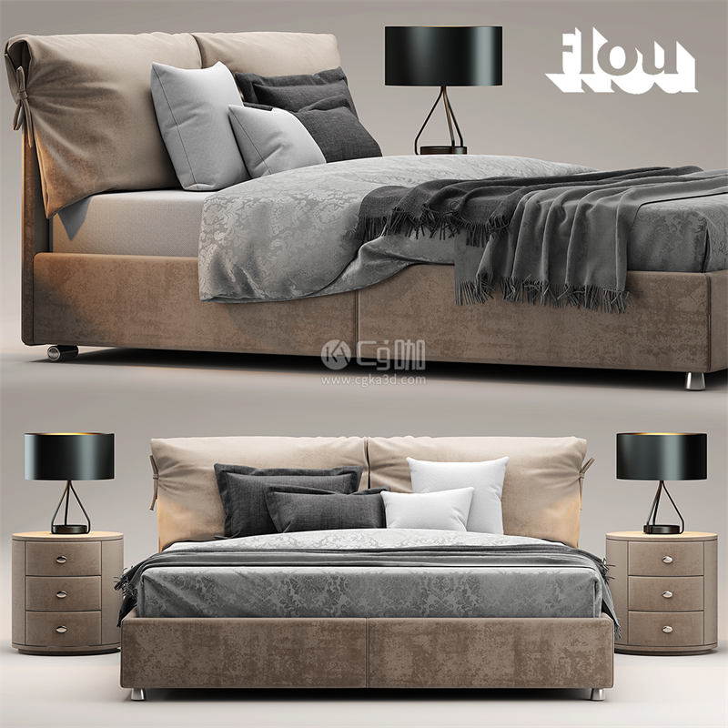 CG咖-双人床模型床头柜模型台灯模型毯子模型