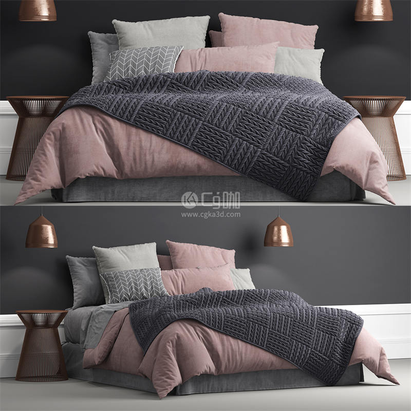 CG咖-双人床模型圆几模型毛毯模型枕头模型