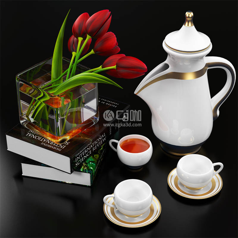 CG咖-郁金香模型鲜花模型茶杯模型茶壶模型书本模型