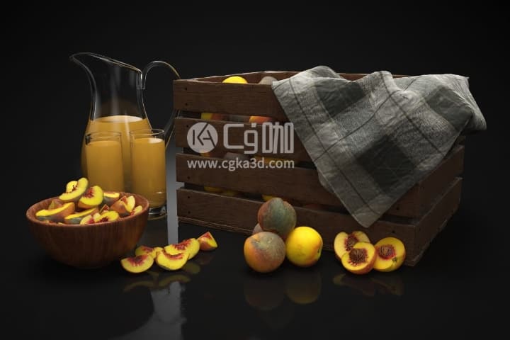 CG咖-blender-橙子黄桃水果筐玻璃杯玻璃水壶橙汁抹布