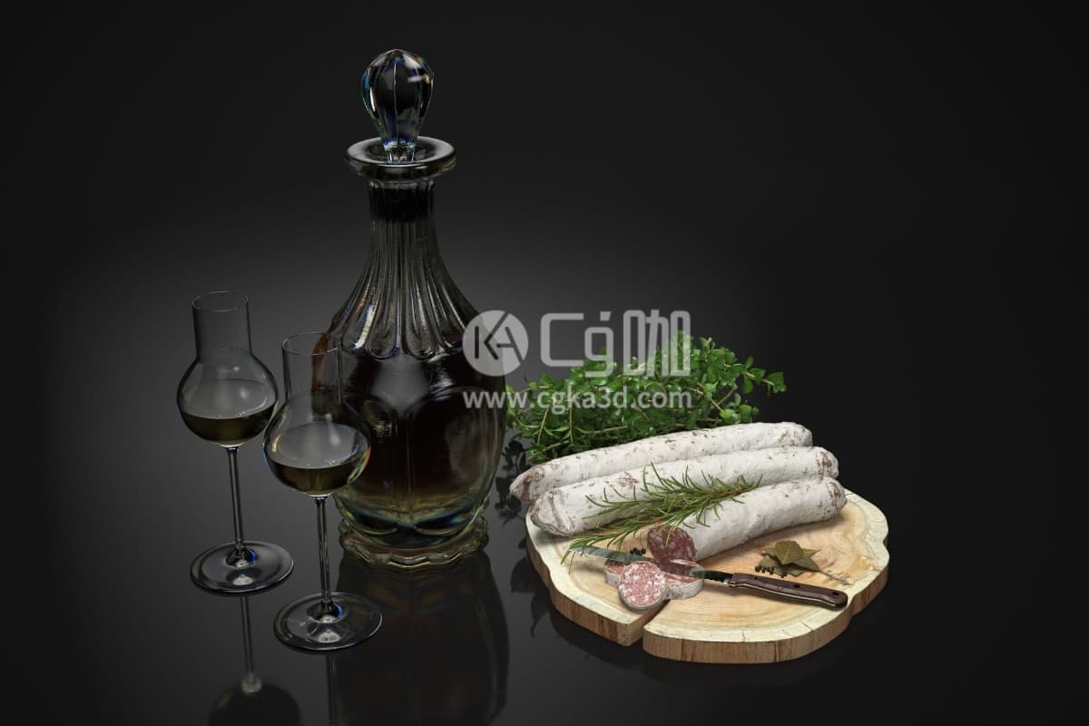 CG咖-blender-红酒高脚杯酒瓶腊肠西兰花砧板