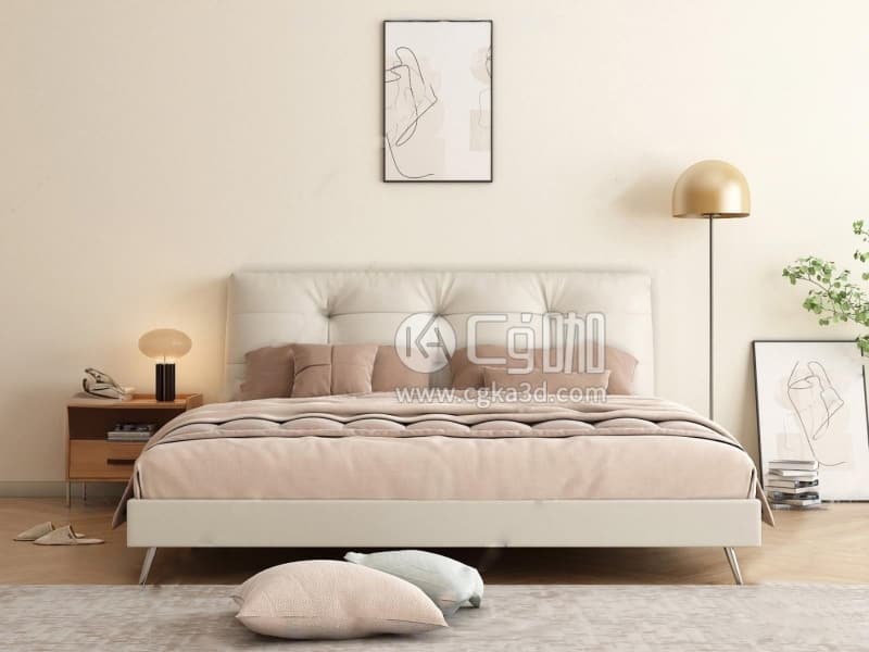 CG咖-blender-卧室模型床地毯被子枕头