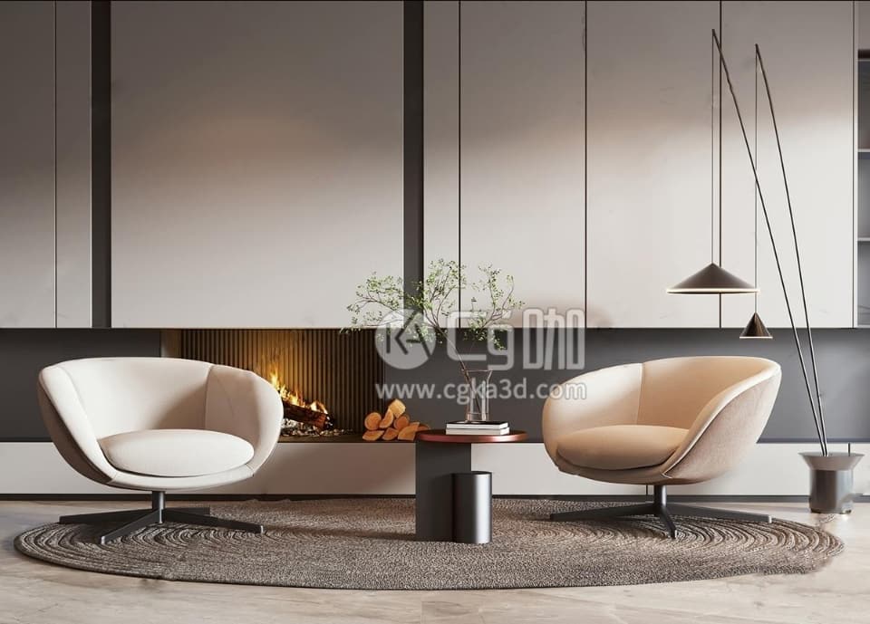 CG咖-blender-单人沙发椅子室内场景落地灯绿植画框地毯