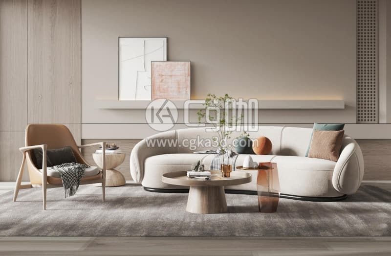 CG咖-blender-沙发单人木椅茶几抱枕毛毯毯子地毯相框客厅