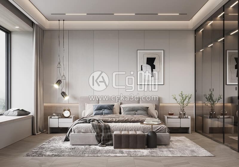 CG咖-blender-卧室双人床画框床头柜地毯毛毯